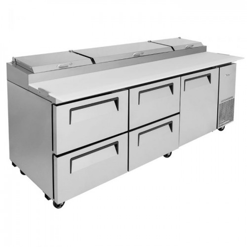 Turbo Air Supper Deluxe Series TPR-93SD-D4-N Refrigerated Pizza Prep Tables, 93-1/8(w) inch, (1)Swing Door(s), (4)Drawers(s), (2)Shelve(s), 31Cu.ft, (12)Pan(s), 2/3hp, Casters, 115v/60/1-ph, ETL Listed