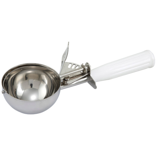Winco ICOP-6 5-1/2oz One-Piece Thumb-Press Disher, Stainless Steel, White Plastic Handle, #6, 9.75(w) x 3.75(d) x 1.56(h) inch, NSF Listed