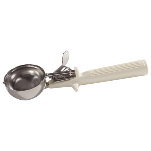 Winco ICOP-10 3.25oz One-Piece Thumb-Press Disher, Stainless Steel, White Plastic Handle, #10, 9.38(w) x 3.13(d) x 1.63 inch, NSF Listed