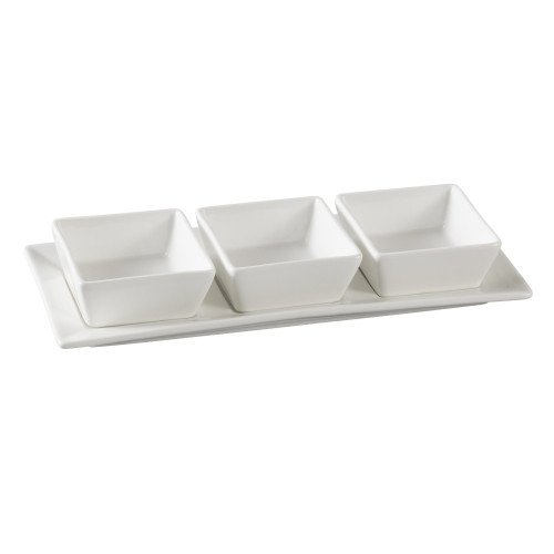 Yanco PS-724 Piscataway Bowl Set, (3)3 inch Square Bowl(s) with 3oz each, Porcelain, White, 11(w) x 4-1/2d) x 1-1/2(h) inch Tray, 12 each